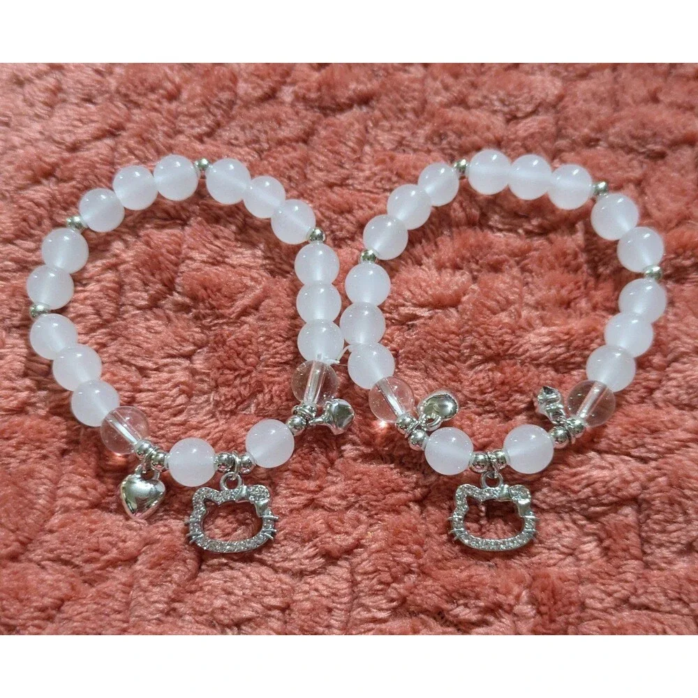 Kawaii Beaded Charm Bracelets Set, Cute Kitty Inspired Jewelry, Coquette Y2K